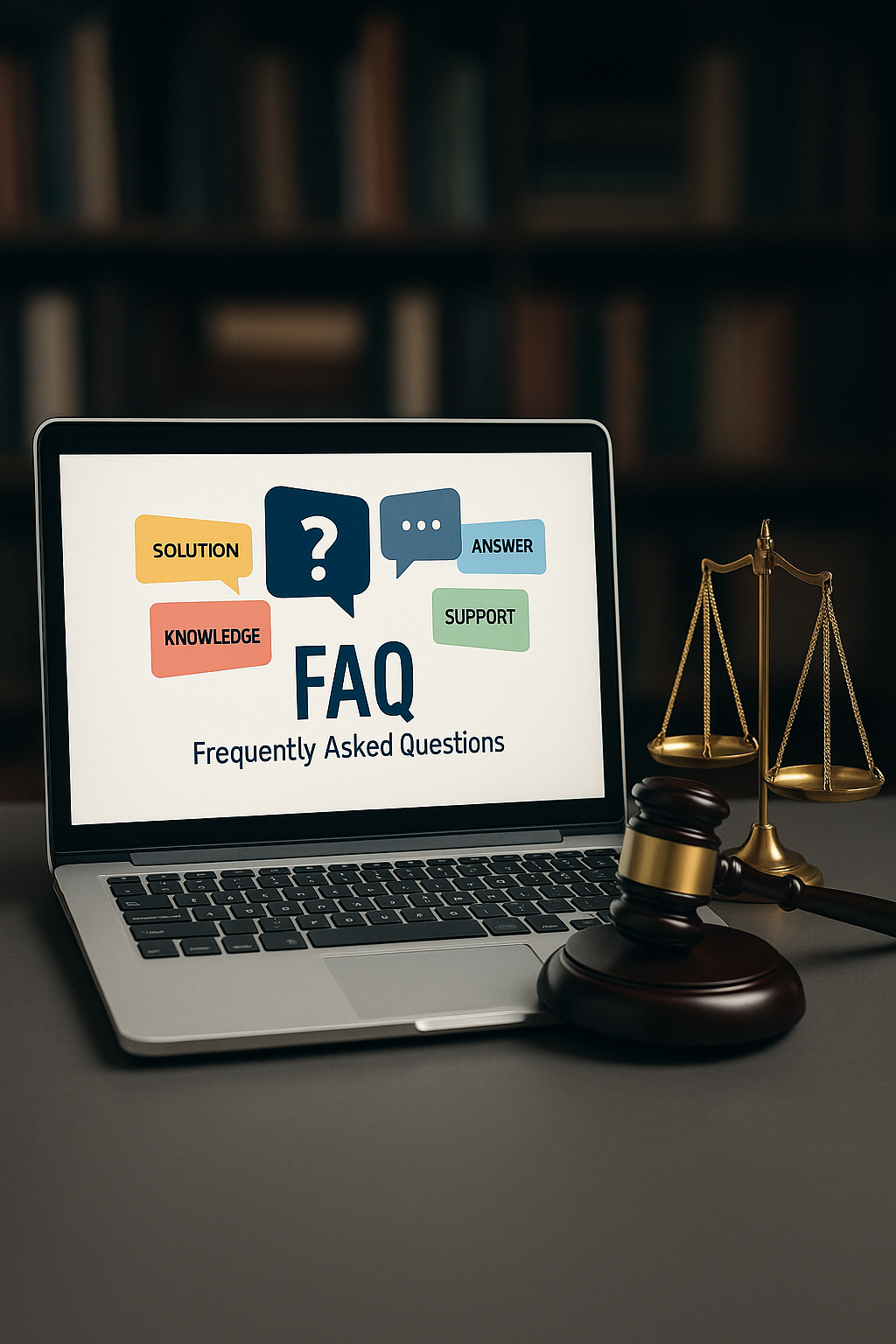 Image de la FAQ Hetni Studio affichée sur un ordinateur portable, accompagnée d’éléments de bureau